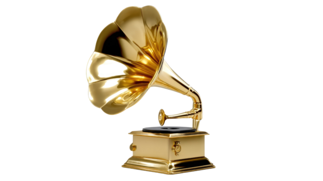 Vintage gramophone with a shiny brass horn and black base on a white background for nostalgic music themes
