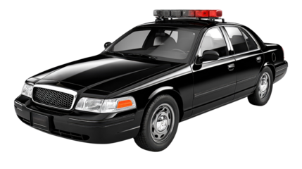 Black police car with flashing lights on a white background for law enforcement or emergency service concepts