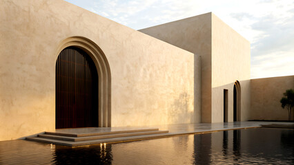 Serene modern architecture with reflecting pool bathed in warm golden hour sunlight, creating a tranquil ambiance.
