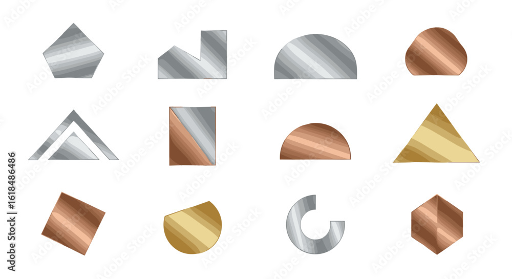 Poster Collection of twelve abstract geometric shapes with metallic textures arranged in a grid pattern