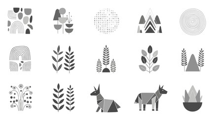 Fototapeta premium Collection of grayscale botanical and geometric shapes including plants animals and abstract patterns artfully arranged