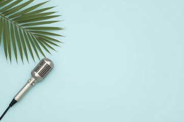 Vintage microphone and lush green palm frond artfully arranged on a serene pastel blue background for a creative concept
