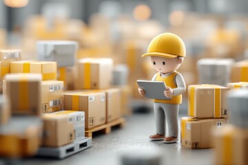 A 3D render of a small person standing in front of a group of boxes, looking at a tablet device. The person appears to be an entrepreneur or business professional.