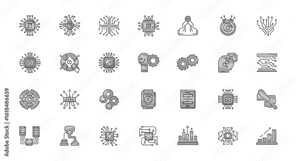 Aufkleber collection of various technology and data related icons featuring circuits and processors in gray sc