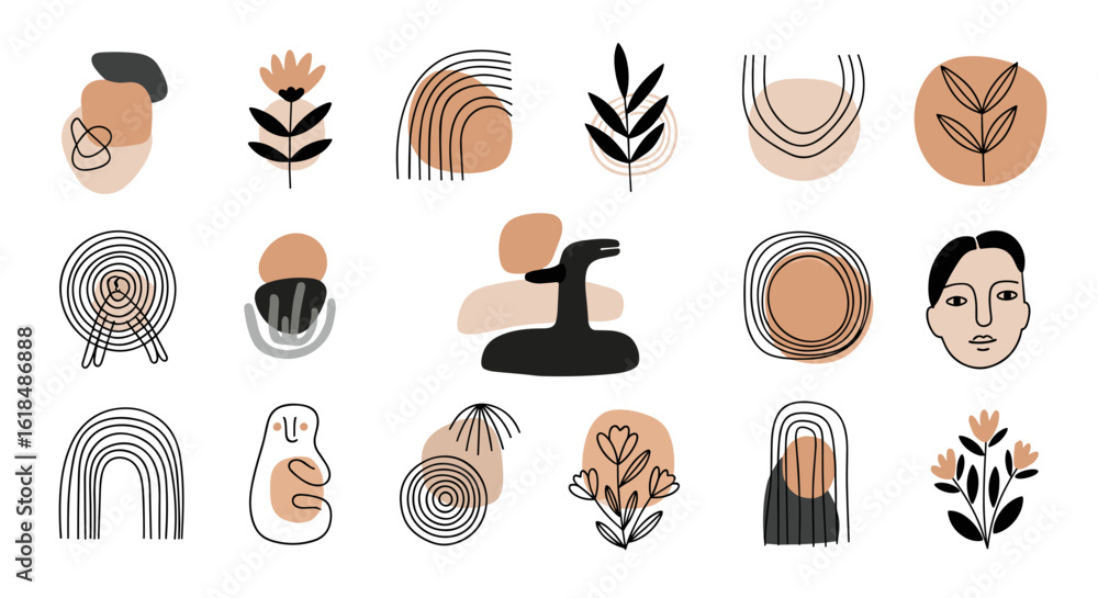 Poster assorted abstract shapes and floral elements in a minimalist artistic arrangement on a white backgro