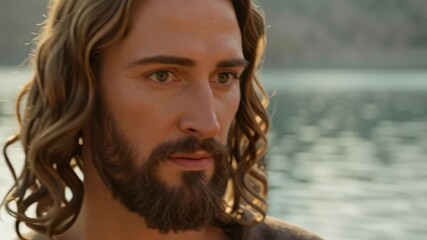 Jesus and two men in ancient clothing on desert lake shore with boat. Biblical times and new testament story concept. Footage.