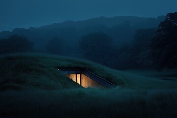 Eco-friendly earth-sheltered home illuminated at night, surrounded by nature