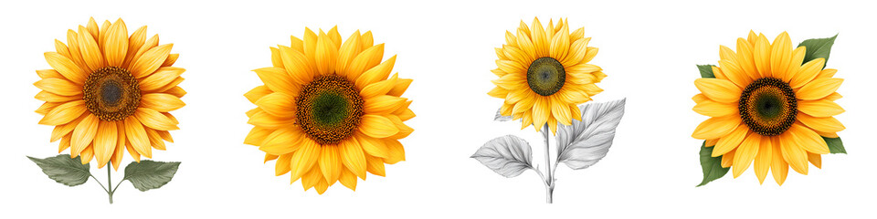 Fototapeta premium Sunflower Set: Four Yellow Blooms on White Background