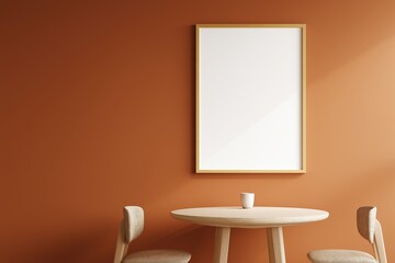 Blank gold-framed mockup on terracotta wall in minimalist dining area, modern decor, cozy ambiance