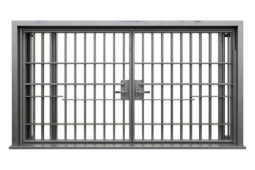 A prison cell door, a grey metal structure with horizontal bars, in a clip art style, isolated on a transparent background in PNG format.