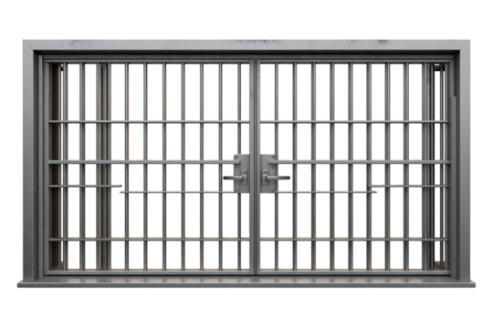 A prison cell door, a grey metal structure with horizontal bars, in a clip art style, isolated on a transparent background in PNG format.