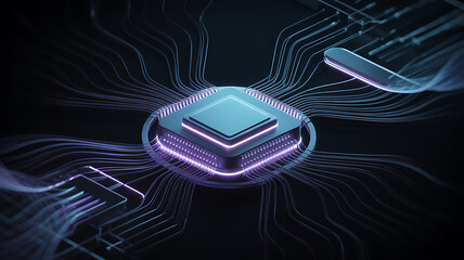 A glowing microchip at the center of a complex, interconnected circuit board, symbolizing advanced processing.