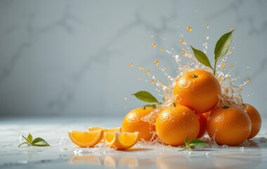 Fresh oranges with green leaves and water splash create a refreshing and vibrant scene