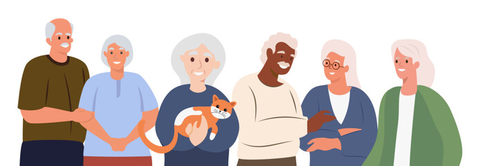 modern different happy old senior people pensioner elderly men women fashion stylish clothes group portrait of aged retired characters graphic illustration background