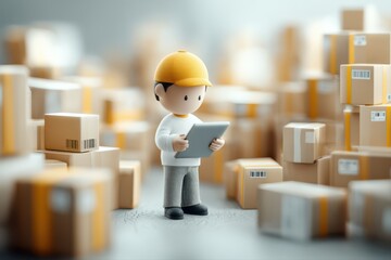 A man standing in front of cardboard boxes while using a tablet. The entrepreneur is checking inventory or managing logistics.