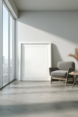 Modern design studio apartment with large blank picture mockup against light grey wall