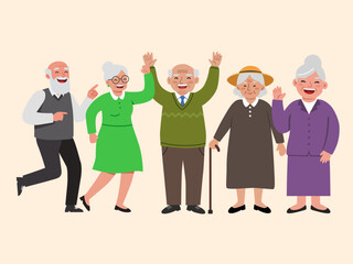 modern different happy old senior people pensioner elderly men women fashion stylish clothes group portrait of aged retired characters graphic illustration background