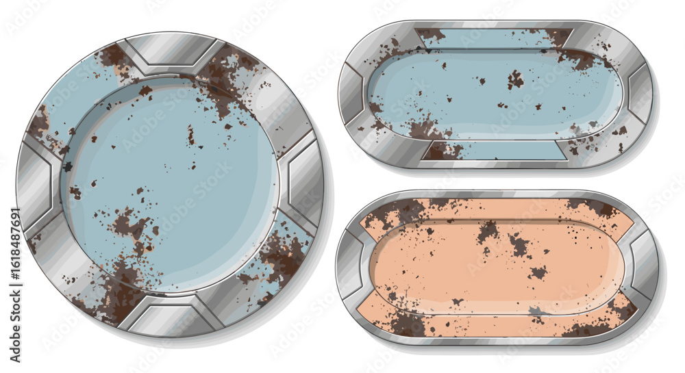 Poster three metal framed containers with rust stains in oval and rounded rectangular shapes on white space