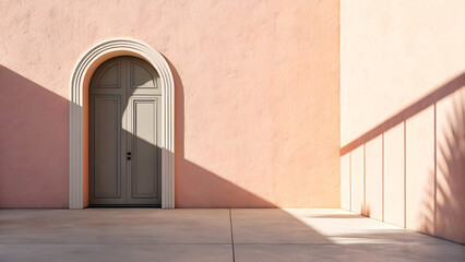 Elegant arched doorway in sunlit coral building offers modern architectural design inspiration