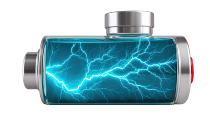 Futuristic Battery with Electric Energy Displaying Bright Blue Lightning in a Transparent Casing