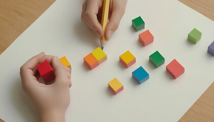 Hand Arranging Colorful Blocks on Paper with Pencil, created with generative ai