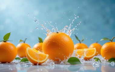 Fresh oranges with green leaves and water splash create a refreshing and vibrant scene