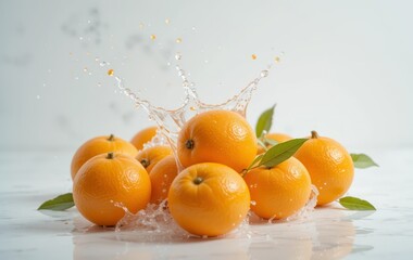Fresh oranges with green leaves and water splash create a refreshing and vibrant scene