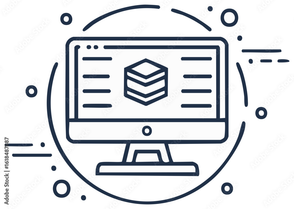 Poster desktop computer monitor icon with 3d cubes symbol, data, digital design concept