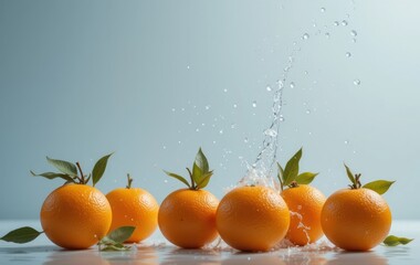 Fresh oranges with green leaves and water splash create a refreshing and vibrant scene