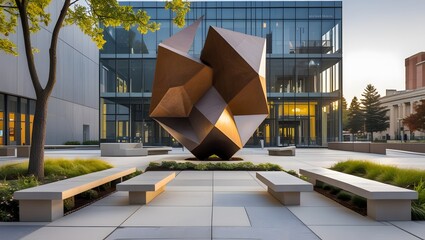 Modern Museum Plaza with Geometric Metal Sculpture and Stone Benches, created with generative ai