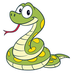 Fototapeta premium Cartoon green snake with yellow spots and red tongue
