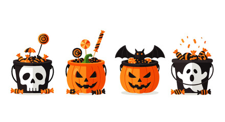 Halloween Candy Buckets with Skull Pumpkin Bat and Ghost Designs.