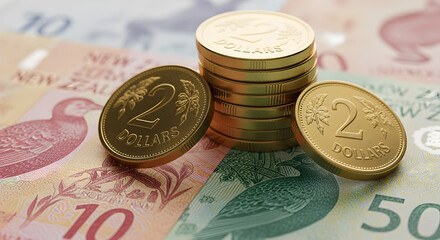 Golden Coins Stacked on Multicolored Currency Notes Close up Shot of Financial Wealth and Economy