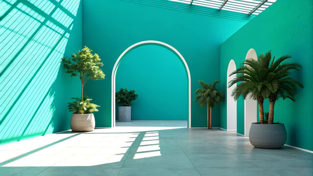 Tropical turquoise room with vibrant plants and natural light creates a stunning interior space