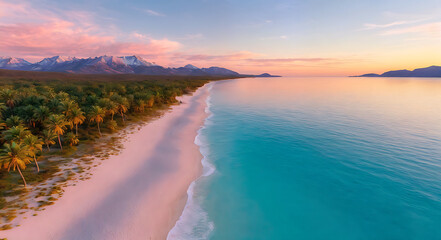 A stunning tropical beach with crystal-clear blue waters, white sand, and lush vegetation. The mountains in the background are covered in dense forest, and the sky is blue, suggesting a serene and pic