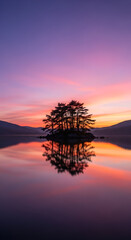 Fototapeta premium A perfect reflection of a small tree-covered island in calm water against a stunning purple and pink sunset sky