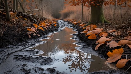 Muddy Trail with Russet Leaves and a Puddle Reflection, created with generative ai