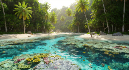 A stunning tropical beach with crystal-clear blue waters, white sand, and lush vegetation. The mountains in the background are covered in dense forest, and the sky is blue, suggesting a serene and pic