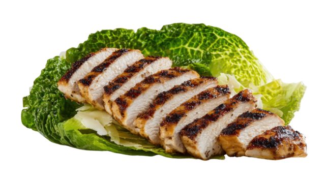 Grilled Chicken Breast Slices Served on Fresh Green Lettuce Leaves for Healthy Meal Preparation
