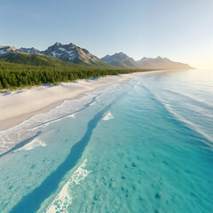 A stunning tropical beach with crystal-clear blue waters, white sand, and lush vegetation. The mountains in the background are covered in dense forest, and the sky is blue, suggesting a serene and pic