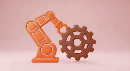 A 3D rendered orange industrial robot arm holds a large brown cogwheel against a pink background.