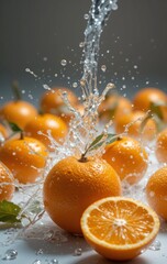 Fresh oranges with green leaves and water splash create a refreshing and vibrant scene