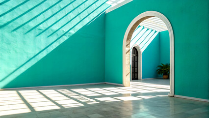 Stunning turquoise interior with archway and bright sunlight creating dynamic shadows for modern design concepts