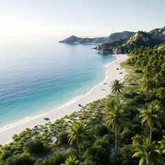 A stunning tropical beach with crystal-clear blue waters, white sand, and lush vegetation. The mountains in the background are covered in dense forest, and the sky is blue, suggesting a serene and pic