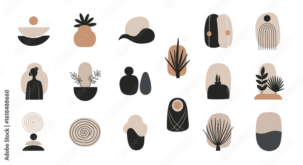 Poster collection of abstract shapes and botanical elements in neutral tones on a white background art piec