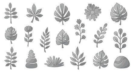 Naklejka premium Collection of various gray scale botanical illustrations of leaves flowers and plant life on white background