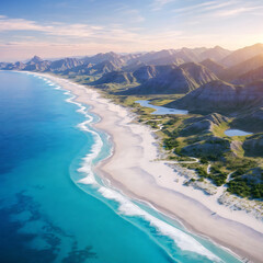 A stunning tropical beach with crystal-clear blue waters, white sand, and lush vegetation. The mountains in the background are covered in dense forest, and the sky is blue, suggesting a serene and pic