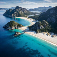 A stunning tropical beach with crystal-clear blue waters, white sand, and lush vegetation. The mountains in the background are covered in dense forest, and the sky is blue, suggesting a serene and pic