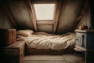 Cozy off-grid bedroom in wooden cabin with slanted roof, warm bedding, and wooden furniture