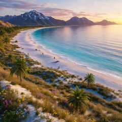 A stunning tropical beach with crystal-clear blue waters, white sand, and lush vegetation. The mountains in the background are covered in dense forest, and the sky is blue, suggesting a serene and pic